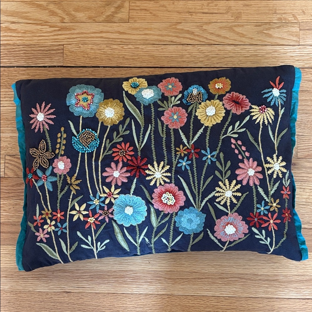 Pier 1 Navy Floral Embroidered Accent Pillow with Multicolor Flowers